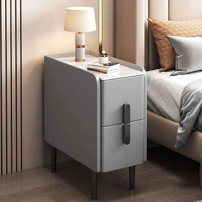 Modern Pu Leather Nightstand with Marble Tabletop, Narrow Bedside Table Luxury Side End Table with 2 Drawers & Metal Legs, Storage Cabinet for Bedrooms(45x40x50cm(18x16x20inch), Grey1)