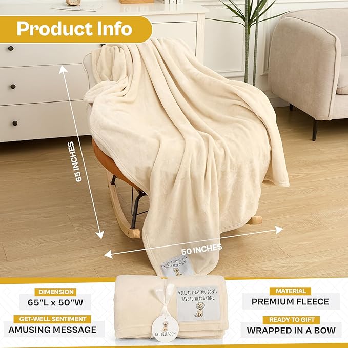 Get Well Soon Blanket – at Least You Dont Have to Wear A Cone Funny Get Well for Women & Men, Surgery, Illness, Sympathy & Comfort Throw, Ivory 50"x65"