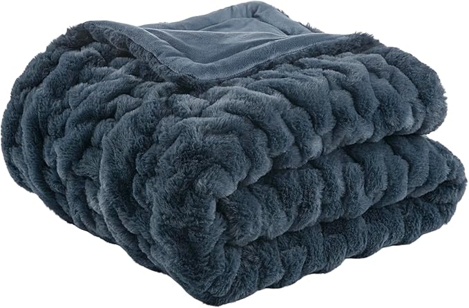 Madison Park Ruched Luxury Throw Premium Soft Cozy Brushed Long Faux Fur For Bed, Couch or Sofa, 50"x60", Slate Blue