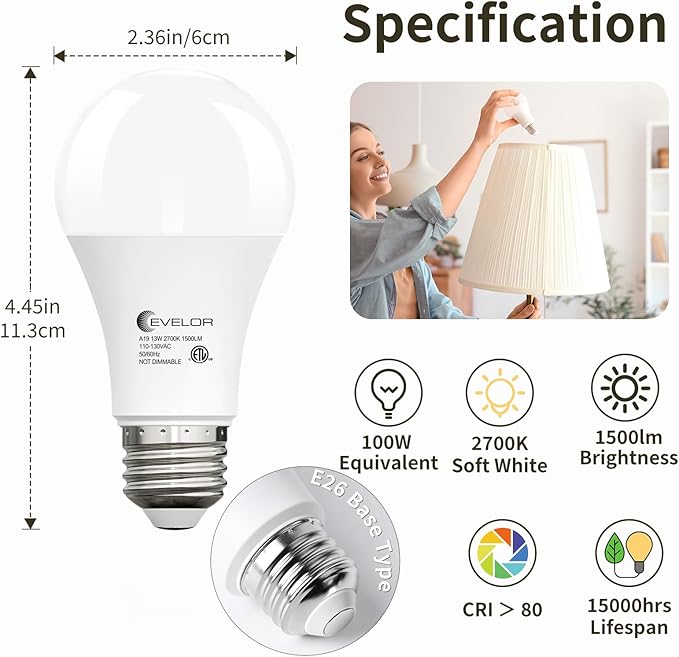24-Packs A19 LED Light Bulbs,100 Watt Equivalent 2700K Soft White Bright Bulbs Efficient 13W,1500 Lumens E26 Base, Non-Dimmable, 15000-Hour Lifespan for Bedroom, Living Room, Office