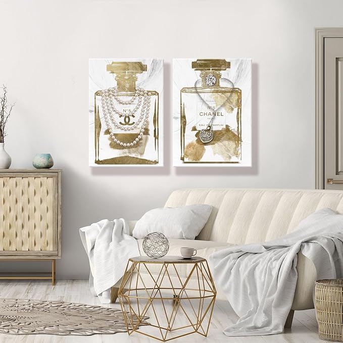 2 pieces Vintage Perfume Bottle Canvas Wall Art Modern Luxury Posters Print Fashion Glam Poster Picture for Bedroom Make up Room Home Decor 16"x24"(40x60cm)