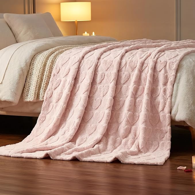Horaldaily Valentine Blanket Throw, Pink Love Heart Soft Fuzzy Plush Faux Fur Cozy Blankets for Couch Sofa Bed Lounging, Ideal Gifts for Kids Adults Wife Self, 50x60