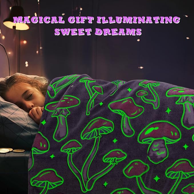 Glow in The Dark Cute Mushroom Throw Blanket Mushroom Blankets for Adult Girls Decor Soft Fleece Blanket Twin for Kids Bed Couch Kids Birthday