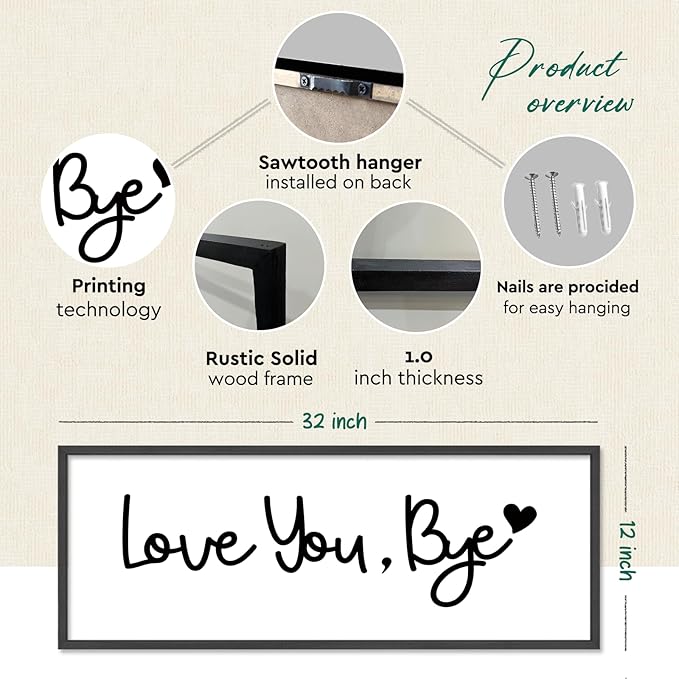 YWJKWLGS Farmhouse Wall Art Decor - Oversized 32x12 Inch Love You, Bye Door Sign for Entryway & Mudroom | Premium Wood Framed, The Last Thing They See Before Leaving Home (Rustic Black)