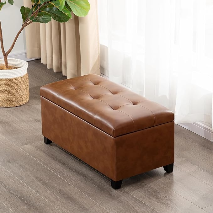 Homebeez 30" Faux Leather Storage Ottoman, End of Bed Bench, Upholstered Ottoman with Storage Bench for Living Room,Bedroom,Entryway