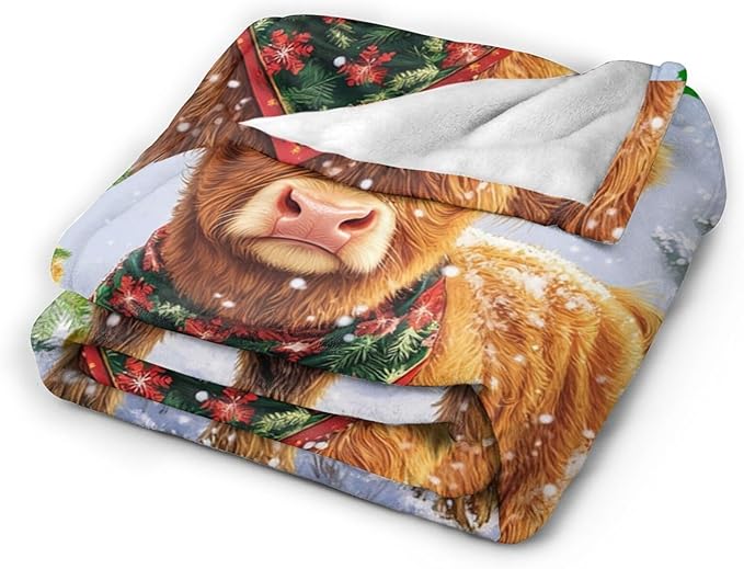 Christmas Highland Cow Blanket Cow Gifts Warm Cozy Cow Print Throw Blanket Soft Lightweight Fleece Plush Fuzzy Blanket for Girls Women Kids Aults Bed Decor 50"X60"