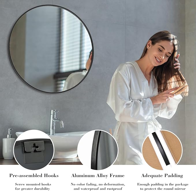 Sweetcrispy 30-inch Black Round Wall Mirror, Circle Bathroom Mirrors with Metal Frame, Wall-Mounted Mirrors for Living Room, Bathroom, Entryway