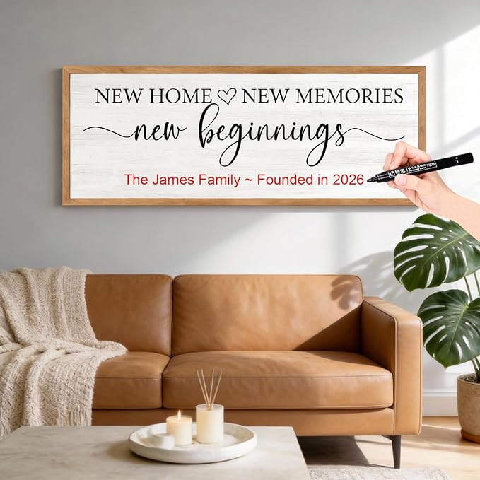 New Home, New Memories, New Beginnings Wall Decor Sign – 32x12 Inch Framed Wooden Sign with Writable Family Name & Year Space, Rustic Farmhouse Housewarming Gift for New Home, Entryway, Living Room, Natural