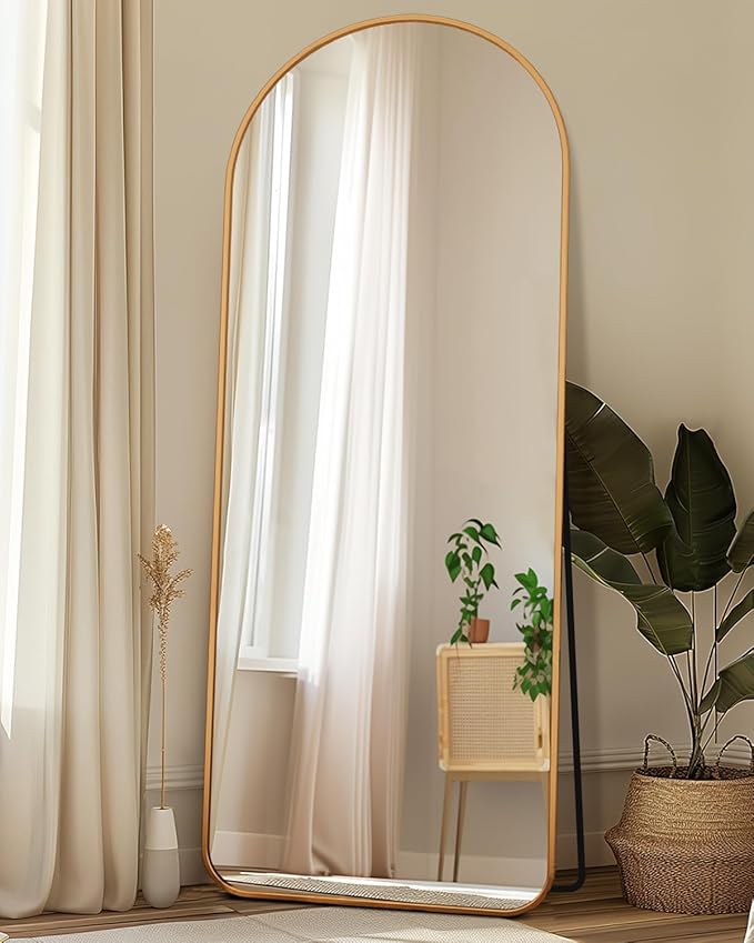 Antok Full Length Mirror, 58"x18" Floor Mirror with Stand, Hanging Mounted Mirrors for Bedroom, Living Room, Cloakroom, Dining Room, Gold, Arch