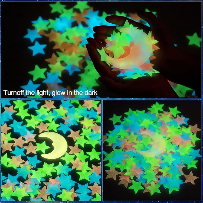 AM AMAONM Glow in The Dark Luminous Stars Fluorescent Noctilucent Plastic Moon Wall Stickers Murals Glowing Star Decals for Home Art Decor Ceiling Wall Decorate Kids Babys Bedroom Room 200pcs