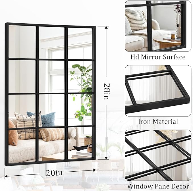 Black Wall Mirror, Rectangle Metal Framed Mirror Modern Art Decorative Mirrors for Living Room Bedroom Entryway 20x28 Inch Decor