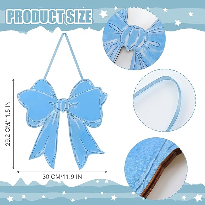 RattanView Bow Wooden Hanging Sign Coquette Bow Wall Hanging Cute Preppy Wall Art Bowknot Welcome Door Sign Girly Decor for Girls Room College Dorm Apartment Indoor Outdoor Porch (Dusty Blue)