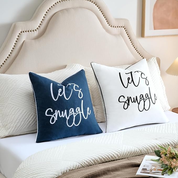 Sunkifover Let's Snuggle DecorativeThrow Pillow Cover - 18" x 18" Blue and White Cotton Embroidery Square Throw Pillowcase for Bed, Bedroom, Living Room, Home Decor