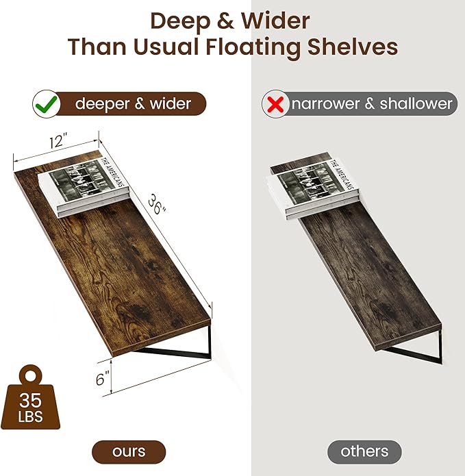 Axeman 12 Inch Deep Floating Shelves for Wall - 36 Inch Wide x 12 Inch Deep Wall Shelves Set of 2 - Rustic Wood Floating Shelves for Living Room