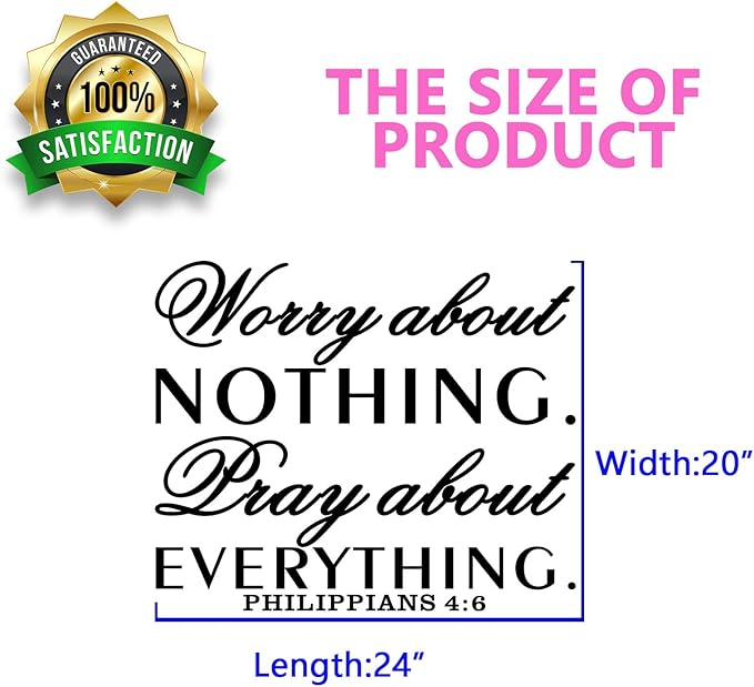 SEATUNE Bible Verse Wall Decals, Wall Decals for Bedroom, Quotes Lord Biblical Kitchen Teens Sayings Signs Decorations Vinyl Art Decor Home Stickers Worry About Nothing Pray About Everything 24"X20"