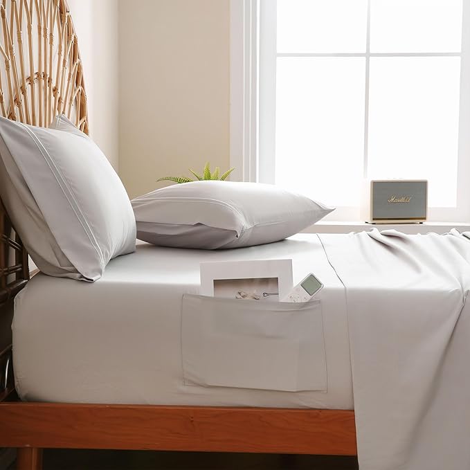 JSD Light Grey Queen Sheet Set with Side Pocket Corner Straps, 4 Piece Soft Microfiber Bed Sheets Extra Deep Pocket