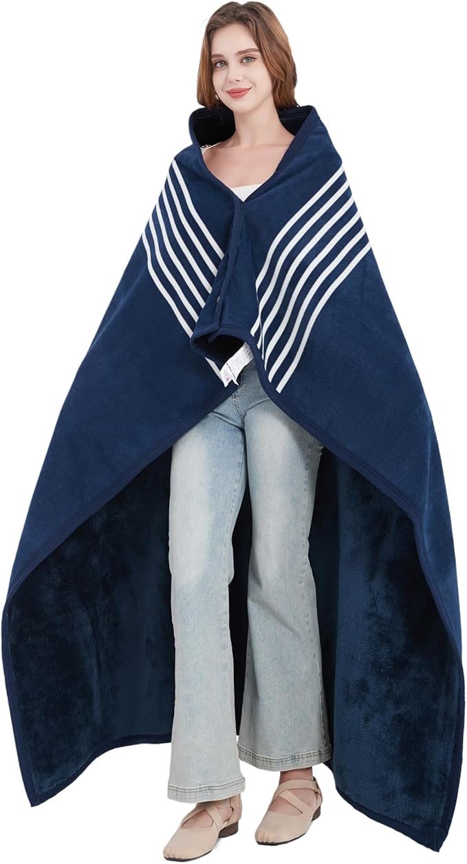 forestfish Fleece Wearable Blanket Plus Size, Comfy Lightweight Lap Blanket Poncho Throw With Buttons, 63“x 55”(Blue)