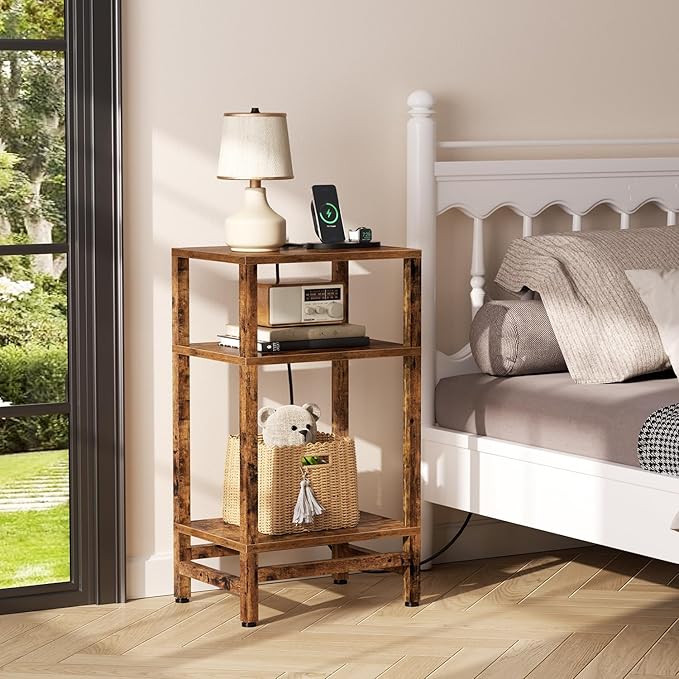 Side Table with Fast Charging Station, 3 Tier End Table with Type C and USB Port, Small Bedside Tables for Small Space, End Tables for Living Room, Bedroom, Office, Rustic Brown