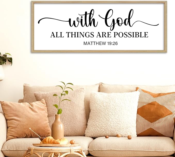 With God All Things Are Possible Sign Wall Decor 40"×15" Matthew 19:26 Bible Verse Jesus Religious Christian Scripture Prayer Large Wooden Framed Wall Hanging Art (Wood)