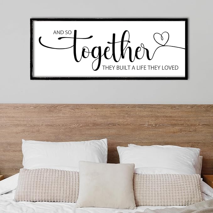And So Together They Built A Life They Loved Sign Wall Decor 40"x15" Above Over Bed Master Bedroom Large Wood Framed Wall Hanging Art (Black)