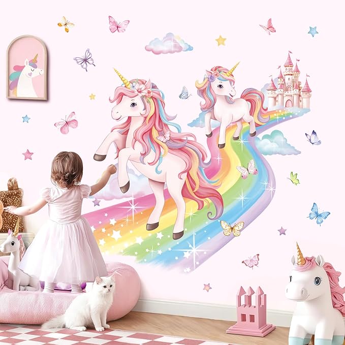 decalmile 2 Large Unicorn Rainbow Wall Decals Fairy Castle Cloudy Butterfly Wall Stickers Girls Bedroom Baby Nursery Kids Room Home Decor