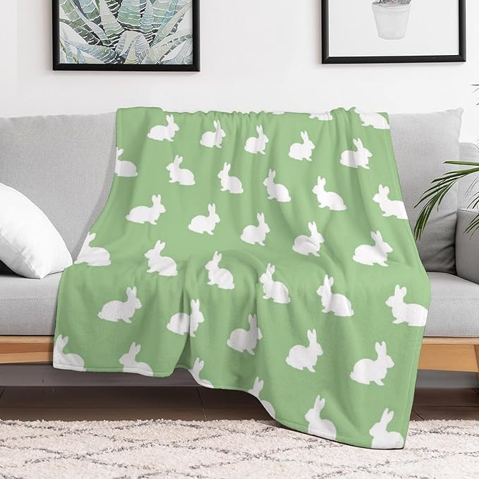 ITFRO Easter Gift Flannel Fleece Throw Blanket for Couch 50x60 Inch Cute Rabbit Mother's Day Ultra Soft Polyester Blanket All Seasons for Bed Sofa (Rabbit Green)