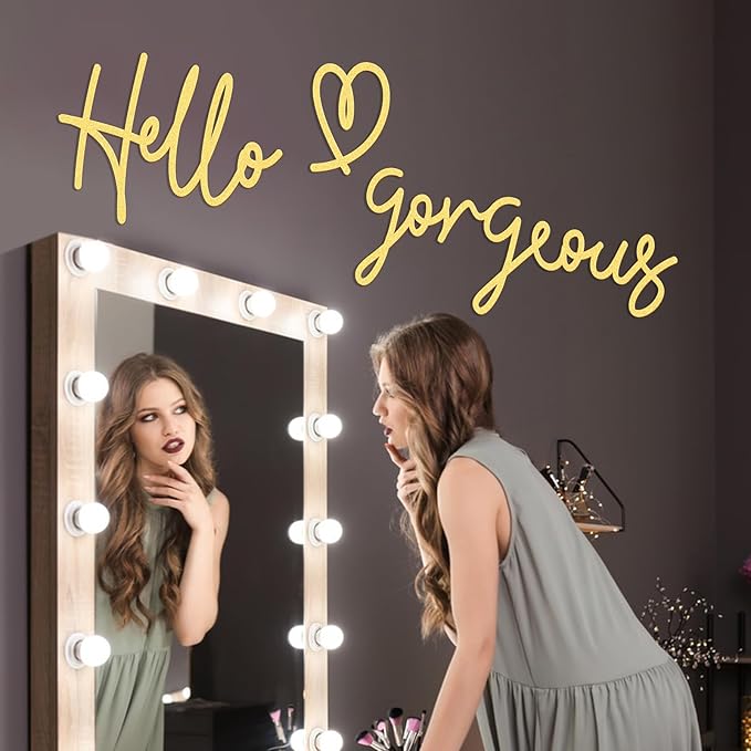 Bnesi Hello Gorgeous Heart Sign Wall Decor Black Metal Wall Decor Modern Hello Gorgeous Elegant Metal Wall Art Decor for Bathroom, Bedroom, Lash room (Gold, Large)