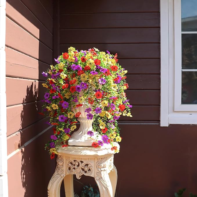Artificial Flowers for Outdoors Spring Decor, 6 Bundles UV Resistant Realistic Fuax Silk Hanging Flowers, Fake Plants for Planter Indoor Outside Garden Porch Patio Balcony Yard Farmhouse（Mix）