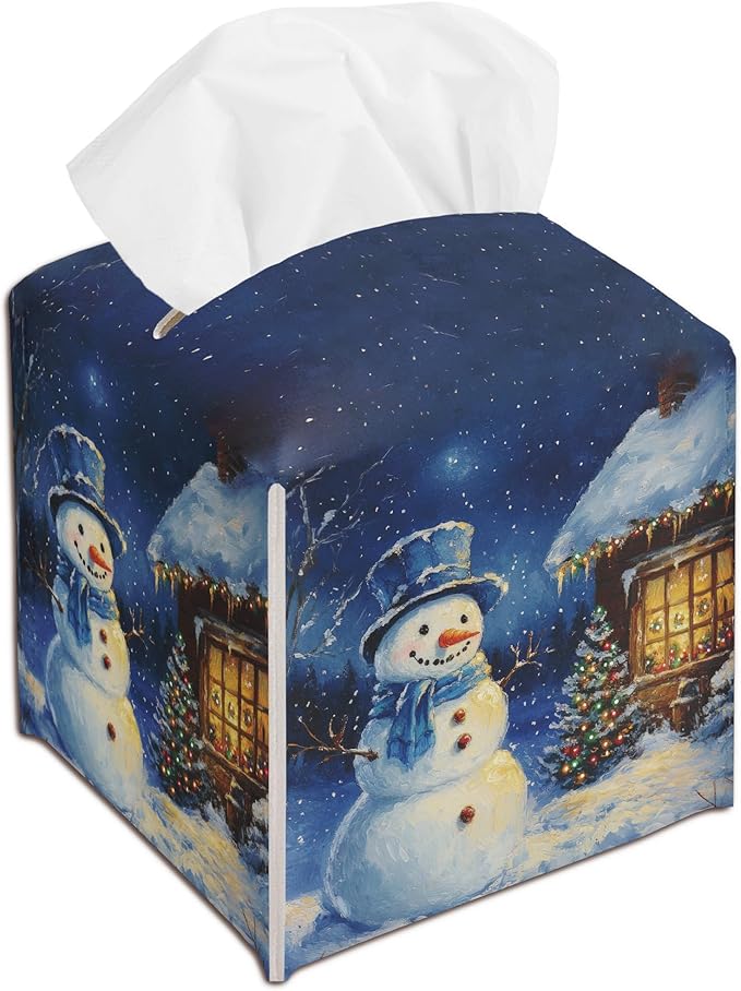 Blue Christmas Snowman Tissue Box Cover Holder, Snow Night Leather Tissue Box Cover Square, Xmas Gift Ideas for Family Friends, Bathroom Kitchen Car Office Home Table Decor(5.2 Inches)-B06