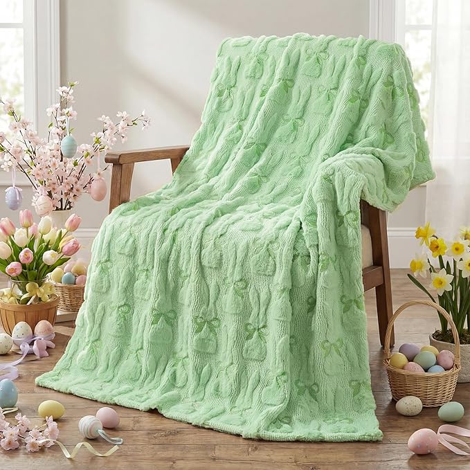 Horaldaily Easter Solid Blanket Throw, Green Rabbits Bow Soft Fuzzy Plush Faux Fur Cozy Blankets for Couch Sofa Bed Lounging, Ideal Gifts for Kids Adults Wife Self, 60x80