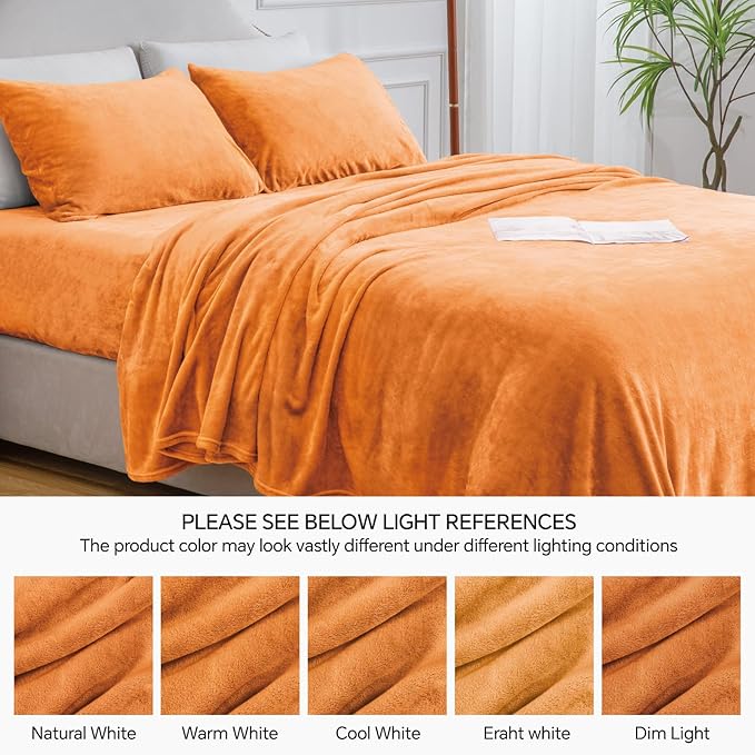BEDELITE Flannel Sheets King Size Burnt Orange - Super Soft Fall Fleece Sheets Set Fluffy Extra Plush, 4 Piece(Include Fitted Sheet, Flat Sheet, 2 Pillowcases)
