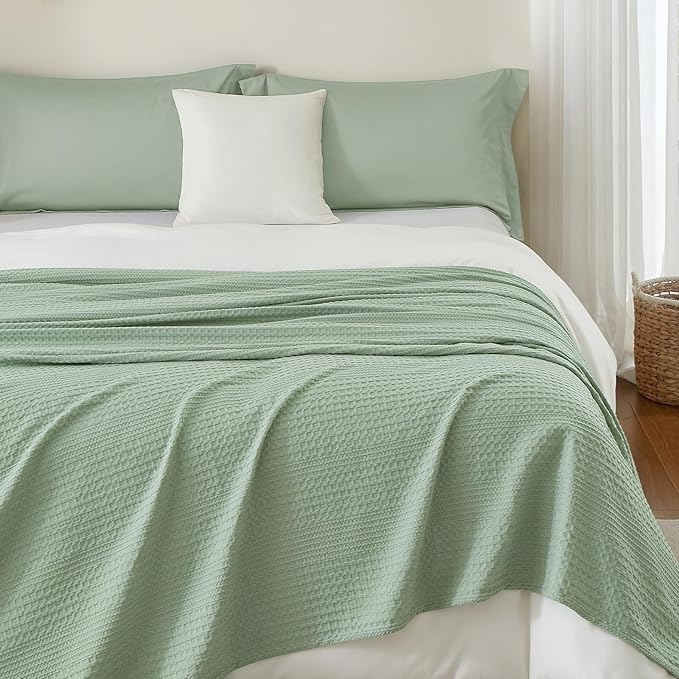 PHF Lightweight Waffle Weave Blanket Twin Size, Breathable & Ultra Soft, 66"x 90" Soft & Cozy Thin Blanket for All Season & Hot Sleepers, Bed, Home Decor - Sage Green