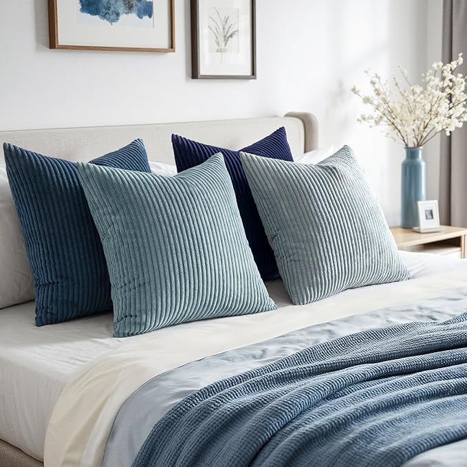 EMEMA Coastal Blue Decorative Throw Pillow Covers 18x18 Inch Set of 4 Boho Farmhouse Corduroy Striped Square Pillow Case,Western Modern Cushion Covers for Couch Bed Livingroom Home Decor