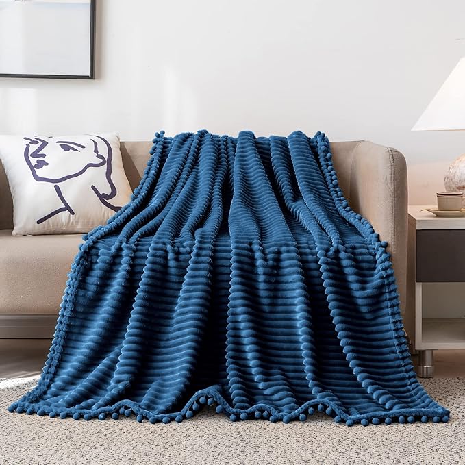 DISSA Fleece Blanket Queen Size – 71x80, Blue - Soft, Plush, Fluffy, Fuzzy, Warm, Cozy – Perfect Throw for Couch, Bed, Sofa - with Pompom Fringe - Flannel Blanket