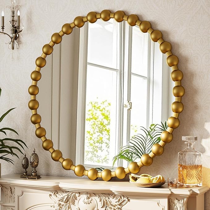 Round Mirror for Wall, 28 Inch Gold Beaded Frame Decorative Vanity Mirror, Circle Bathroom Mirror with High-Definition Lense, Modern Wall Decor for Bathroom, Living Room, Bedroom, Entryway