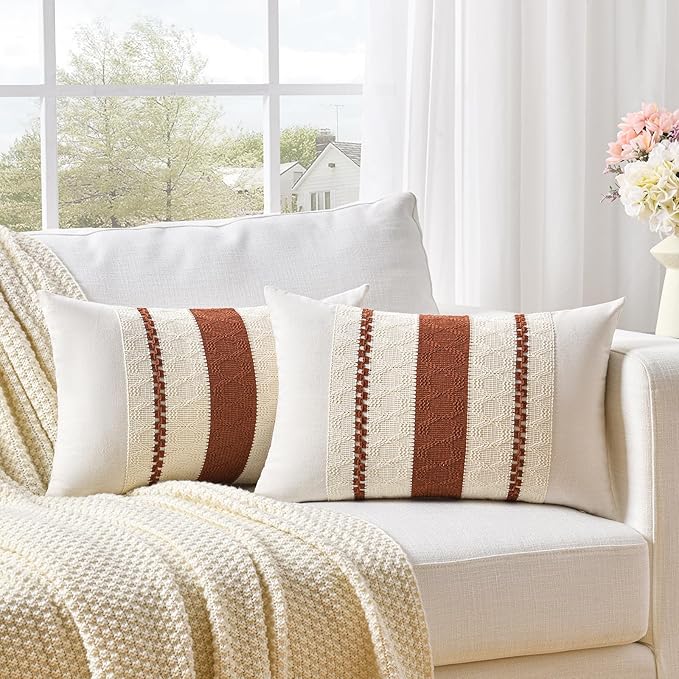 Fancy Homi Set of 1 Rust Boho Long Lumbar Decorative Throw Pillow Cover 14x24 Inch for Couch Bed Sofa, Aesthetic Modern Organic Fall Room Decor, Soft Cotton Cute Terracotta Farmhouse Cushion Case