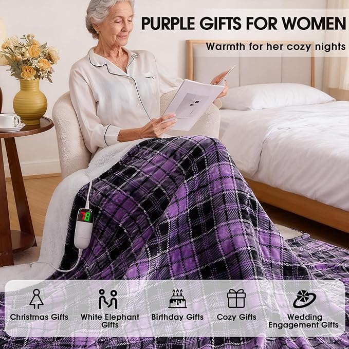 OCTROT Purple Heated Blanket Electric Throw, 50X60 Heating Throw with 10 Heating Levels & 8 Hours Auto Off, Purple Gifts Sherpa Blanket for Couch Bed Office, for Mom Women Grandma Home Decor