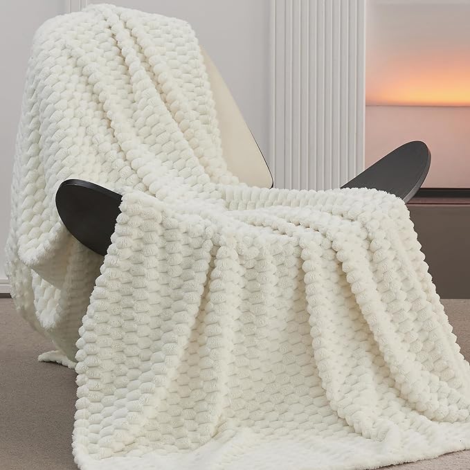 Super Soft Fleece Twin Blanket 50x70 Inches for Couch, Premium Silky with 3D Imitation Turtle Shell Jacquard Decorative Blankets, Lightweight and Cozy for Sofa.Ivory