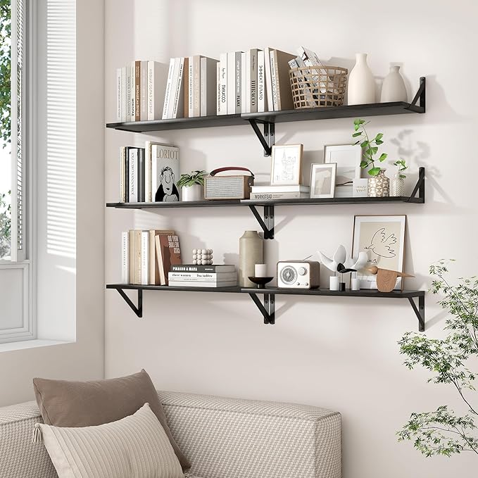 Axeman 32 Inch Floating Shelves | 8 Inch Deep Black Wood Wall Shelves Set of 2 | 31.5" W x 8" D Rustic Black Shelves for Bathroom Kitchen Living Room