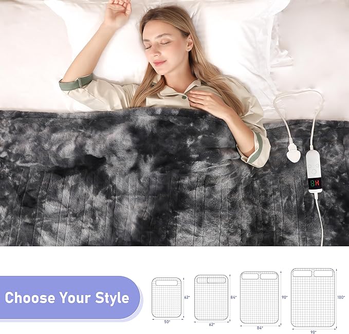 Electric Heated Blanket Throw 50''x60''Size Faux Fur Heating Blanket 10 Heating Settings, 1-8h Timer & Overheat Protection, Machine Washable, Soft Flannel and Sherpa Full Body Warmth