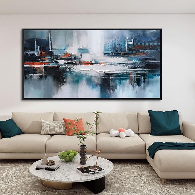Abstract Wall Art for Living Room - Modern Blue Wall Decor, Large Canvas Artwork, Framed Wall Art Bedroom Pictures, Navy Decor for Above Bed, Contemporary Home Decor 20×40IN