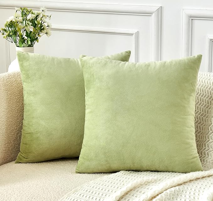 Throw Pillow Covers Sage Green Set of 2 16x16 Inch Pillow Covers, Soft Velvet Decorative Pillowcases for Couch Sofa Bed, Home Boho Decor, Modern Farmhouse Cushion Covers