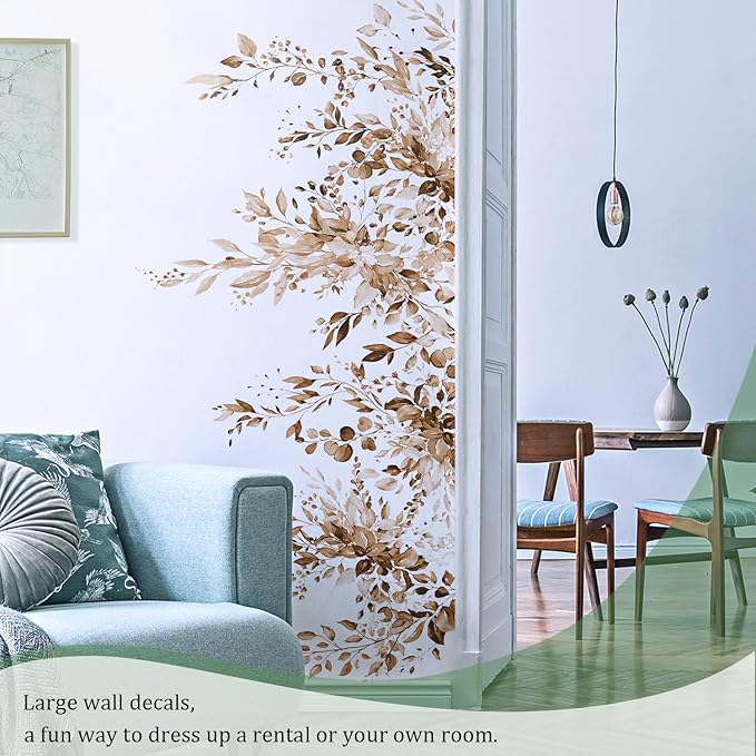 Brown Plants Leaves Wall Decals Peel and Stick, Large Floral Flowers Vinyl Wall Stickers, Removable Vine Home Decor Art for Bedroom Living Room Classroom Office