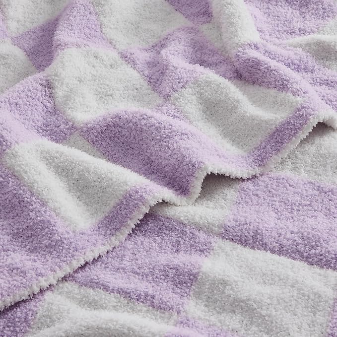 JOOJA Soft Cozy Checkerboard Lilac Blanket Fluffy Knit Throw Blanket for Couch Plaid Checkered Blanket Lilac 50x60 in