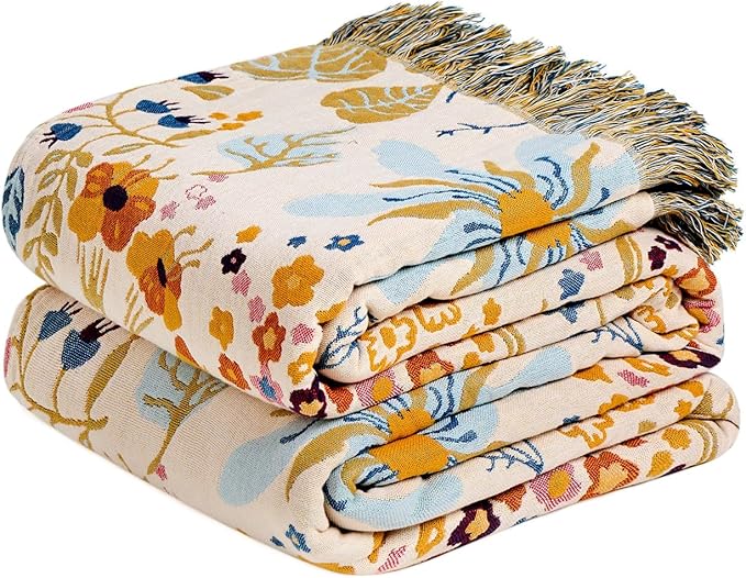 Boho Throw Blanket with Florals & Leaves Embroidery Reversible Lightweight Spring Cotton Gauze Throws for Couch,Bed,Sofa & Chair Decor - Bohemian Living Room Accent Gift 50"x60"