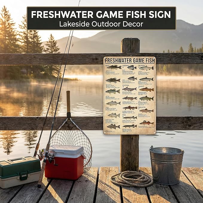 Boy's Fishing Gifts Vintage Fresh Water Gamefish Knowledge Tin Sign for Man Cave Boys Hunting Room Bedroom Lake House Cabin Wall Art Decor 8x12 Inch (3069)