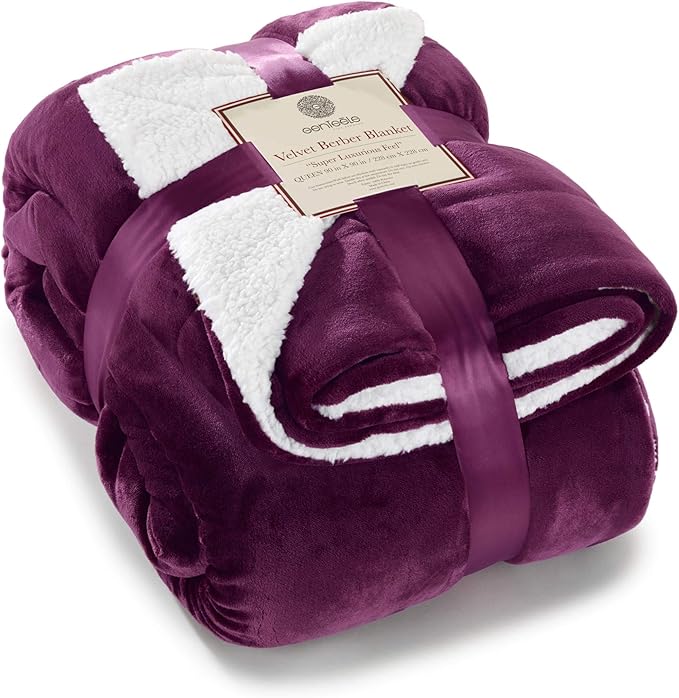 Genteele Sherpa Throw Blanket Super Soft Reversible Ultra Luxurious Plush Blanket, 90 x 90 inches, Rich Purple/White