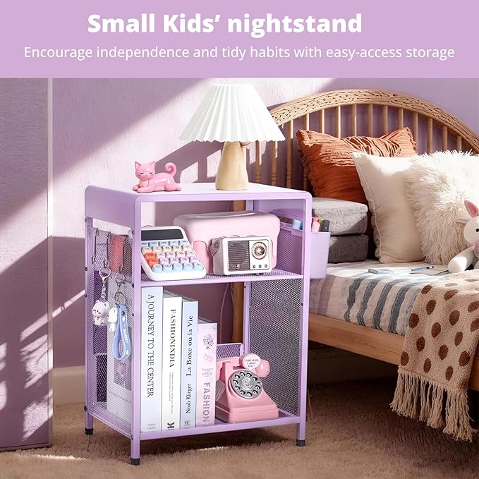 Kids Nightstand, 3-Tier Metal Side Table with Adjustable Storage Shelf, Basket & 3 S-Hooks, Small Bedside Table for Nursery, Toddler Bedroom and Small Spaces (Purple)