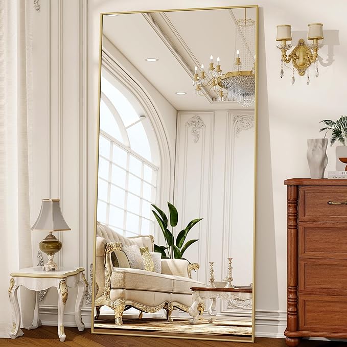 80" x 40" Oversized Full Length Mirror with Stand, Standing/Leaning/Wall Mounted Large Full Body Floor Mirror for Bedroom, Living Room, Entryway, Cloakroom with Aluminum Alloy Frame Gold