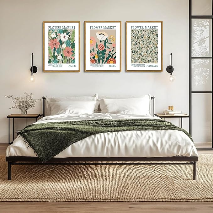 Wodkwq 3 Piece Green Flower Marker Canvas Wall Art Framed,Matisse Flowers Wall decor,Abstrsct Floral Poster,Vintage Minimalist Flowers Painting For Living Room,Bedroom,Office 16x24in